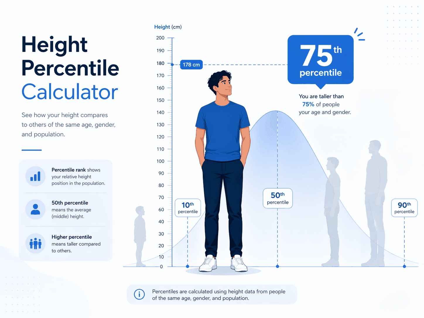 Tail illustration for a child height percentile calculator, showing a height percentile calculator boy or height percentile calculator girl read against a height percentile chart, percentile bands, and a reference median.