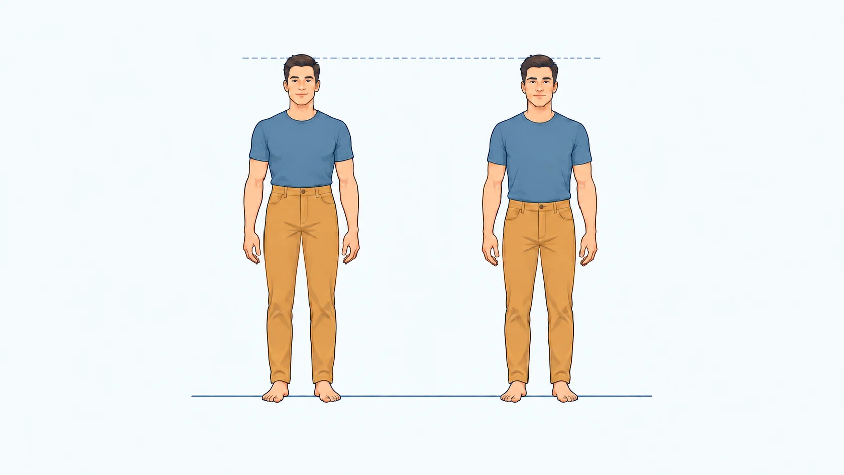Two adults of the same height with relatively longer legs and a shorter torso on the left, and a longer torso and shorter legs on the right.